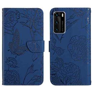 For Huawei P40 Skin Feel Butterfly Peony Embossed Leather Phone Case(Blue)