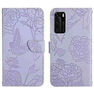 For Huawei P40 Skin Feel Butterfly Peony Embossed Leather Phone Case(Purple)