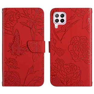 For Huawei P40 Lite Skin Feel Butterfly Peony Embossed Leather Phone Case(Red)