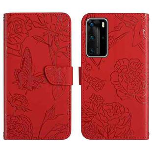 For Huawei P40 Pro Skin Feel Butterfly Peony Embossed Leather Phone Case(Red)