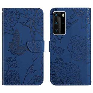 For Huawei P40 Pro Skin Feel Butterfly Peony Embossed Leather Phone Case(Blue)