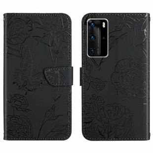 For Huawei P40 Pro Skin Feel Butterfly Peony Embossed Leather Phone Case(Black)
