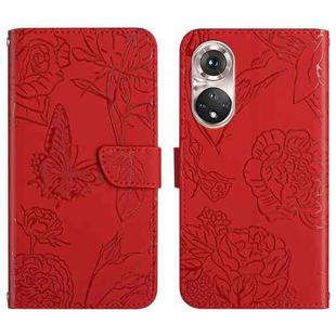 For Huawei P50 Skin Feel Butterfly Peony Embossed Leather Phone Case(Red)