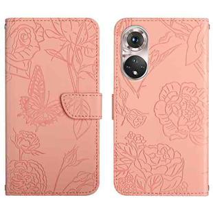 For Huawei P50 Skin Feel Butterfly Peony Embossed Leather Phone Case(Pink)