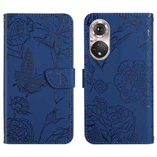 For Huawei P50 Skin Feel Butterfly Peony Embossed Leather Phone Case(Blue)