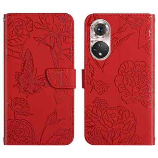 For Huawei P50 Pro Skin Feel Butterfly Peony Embossed Leather Phone Case(Red)