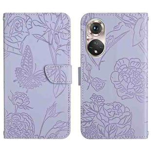 For Huawei P50 Pro Skin Feel Butterfly Peony Embossed Leather Phone Case(Purple)