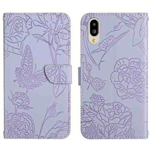 For Sharp Simple Sumaho 6 Skin Feel Butterfly Peony Embossed Leather Phone Case(Purple)