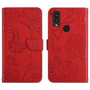 For Kyocera Android One S9 Skin Feel Butterfly Peony Embossed Leather Phone Case(Red)