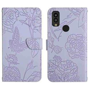 For Kyocera Android One S9 Skin Feel Butterfly Peony Embossed Leather Phone Case(Purple)