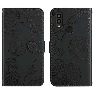 For Kyocera Android One S9 Skin Feel Butterfly Peony Embossed Leather Phone Case(Black)