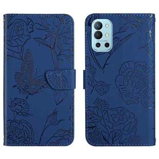 For OnePlus 9R Skin Feel Butterfly Peony Embossed Leather Phone Case(Blue)