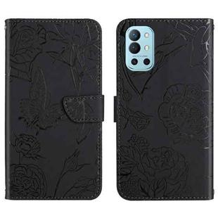 For OnePlus 9R Skin Feel Butterfly Peony Embossed Leather Phone Case(Black)