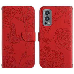 For OnePlus Nord 2 5G Skin Feel Butterfly Peony Embossed Leather Phone Case(Red)