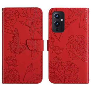 For OnePlus 9 Skin Feel Butterfly Peony Embossed Leather Phone Case(Red)