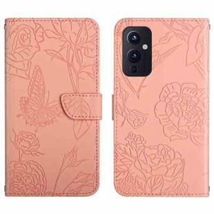 For OnePlus 9 Skin Feel Butterfly Peony Embossed Leather Phone Case(Pink)
