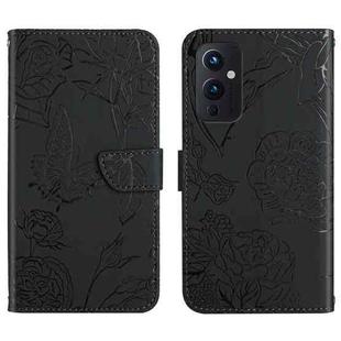 For OnePlus 9 Skin Feel Butterfly Peony Embossed Leather Phone Case(Black)