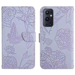 For OnePlus 9 Pro Skin Feel Butterfly Peony Embossed Leather Phone Case(Purple)