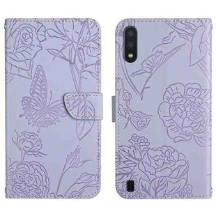 For Samsung Galaxy A01 Skin Feel Butterfly Peony Embossed Leather Phone Case(Purple)