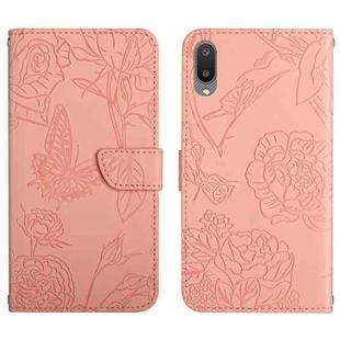 For Samsung Galaxy A02s EU Version Skin Feel Butterfly Peony Embossed Leather Phone Case(Pink)