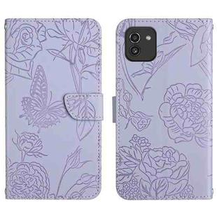For Samsung Galaxy A03 166mm Skin Feel Butterfly Peony Embossed Leather Phone Case(Purple)