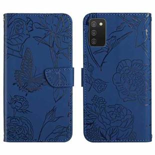 For Samsung Galaxy A03s 166mm Skin Feel Butterfly Peony Embossed Leather Phone Case(Blue)