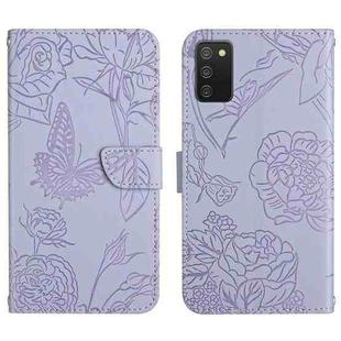 For Samsung Galaxy A03s 166mm Skin Feel Butterfly Peony Embossed Leather Phone Case(Purple)