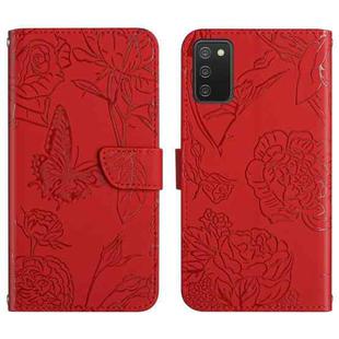 For Samsung Galaxy A03s 165.85mm Skin Feel Butterfly Peony Embossed Leather Phone Case(Red)