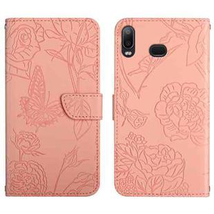 For Samsung Galaxy A10s Skin Feel Butterfly Peony Embossed Leather Phone Case(Pink)