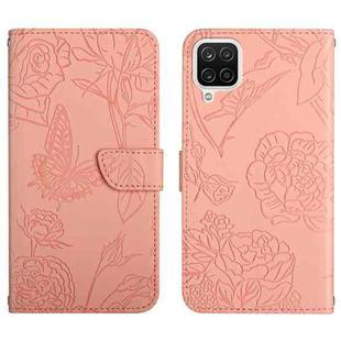 For Samsung Galaxy A12 Skin Feel Butterfly Peony Embossed Leather Phone Case(Pink)