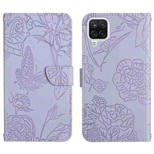 For Samsung Galaxy A12 Skin Feel Butterfly Peony Embossed Leather Phone Case(Purple)