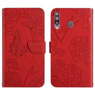 For Samsung Galaxy A20s Skin Feel Butterfly Peony Embossed Leather Phone Case(Red)