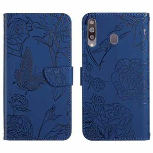 For Samsung Galaxy A20s Skin Feel Butterfly Peony Embossed Leather Phone Case(Blue)