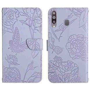 For Samsung Galaxy A20s Skin Feel Butterfly Peony Embossed Leather Phone Case(Purple)