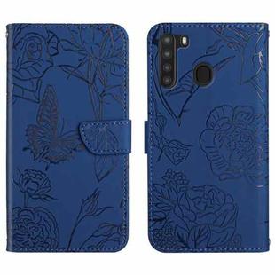 For Samsung Galaxy A21 Skin Feel Butterfly Peony Embossed Leather Phone Case(Blue)