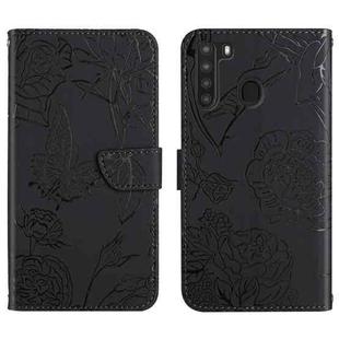 For Samsung Galaxy A21 Skin Feel Butterfly Peony Embossed Leather Phone Case(Black)