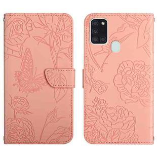 For Samsung Galaxy A21s Skin Feel Butterfly Peony Embossed Leather Phone Case(Pink)