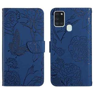 For Samsung Galaxy A21s Skin Feel Butterfly Peony Embossed Leather Phone Case(Blue)