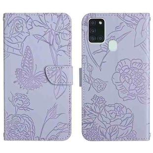For Samsung Galaxy A21s Skin Feel Butterfly Peony Embossed Leather Phone Case(Purple)