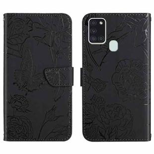 For Samsung Galaxy A21s Skin Feel Butterfly Peony Embossed Leather Phone Case(Black)