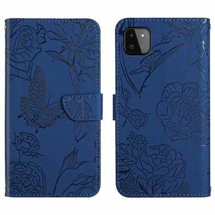 For Samsung Galaxy A22 5G Skin Feel Butterfly Peony Embossed Leather Phone Case(Blue)