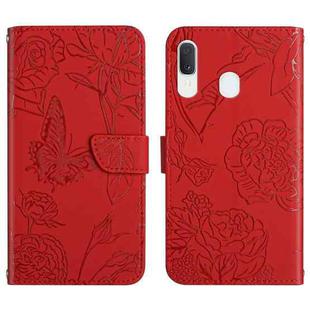 For Samsung Galaxy A40 Skin Feel Butterfly Peony Embossed Leather Phone Case(Red)