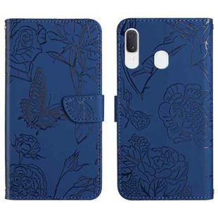 For Samsung Galaxy A40 Skin Feel Butterfly Peony Embossed Leather Phone Case(Blue)