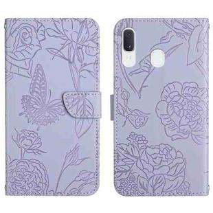 For Samsung Galaxy A40 Skin Feel Butterfly Peony Embossed Leather Phone Case(Purple)