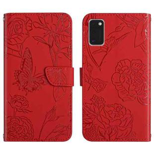 For Samsung Galaxy A41 Skin Feel Butterfly Peony Embossed Leather Phone Case(Red)