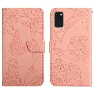 For Samsung Galaxy A41 Skin Feel Butterfly Peony Embossed Leather Phone Case(Pink)