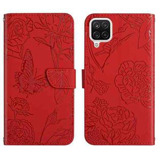 For Samsung Galaxy A42 5G Skin Feel Butterfly Peony Embossed Leather Phone Case(Red)