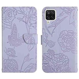 For Samsung Galaxy A42 5G Skin Feel Butterfly Peony Embossed Leather Phone Case(Purple)