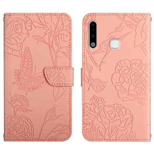 For Samsung Galaxy A70e Skin Feel Butterfly Peony Embossed Leather Phone Case(Pink)