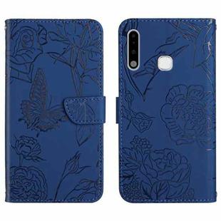 For Samsung Galaxy A70e Skin Feel Butterfly Peony Embossed Leather Phone Case(Blue)